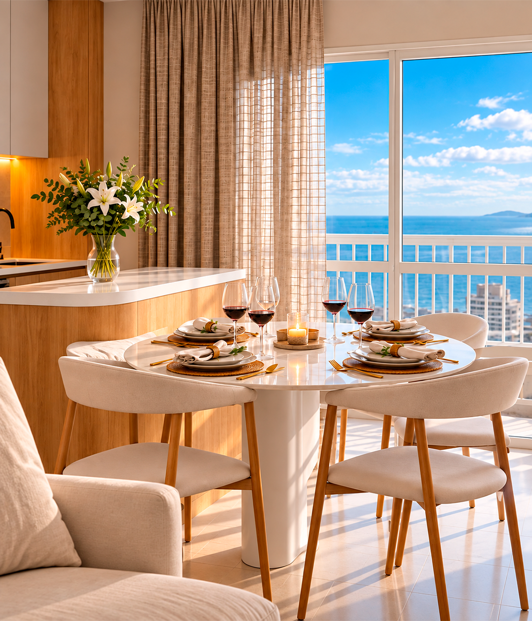 Sala de jantar com porta de vidro e vista para o mar